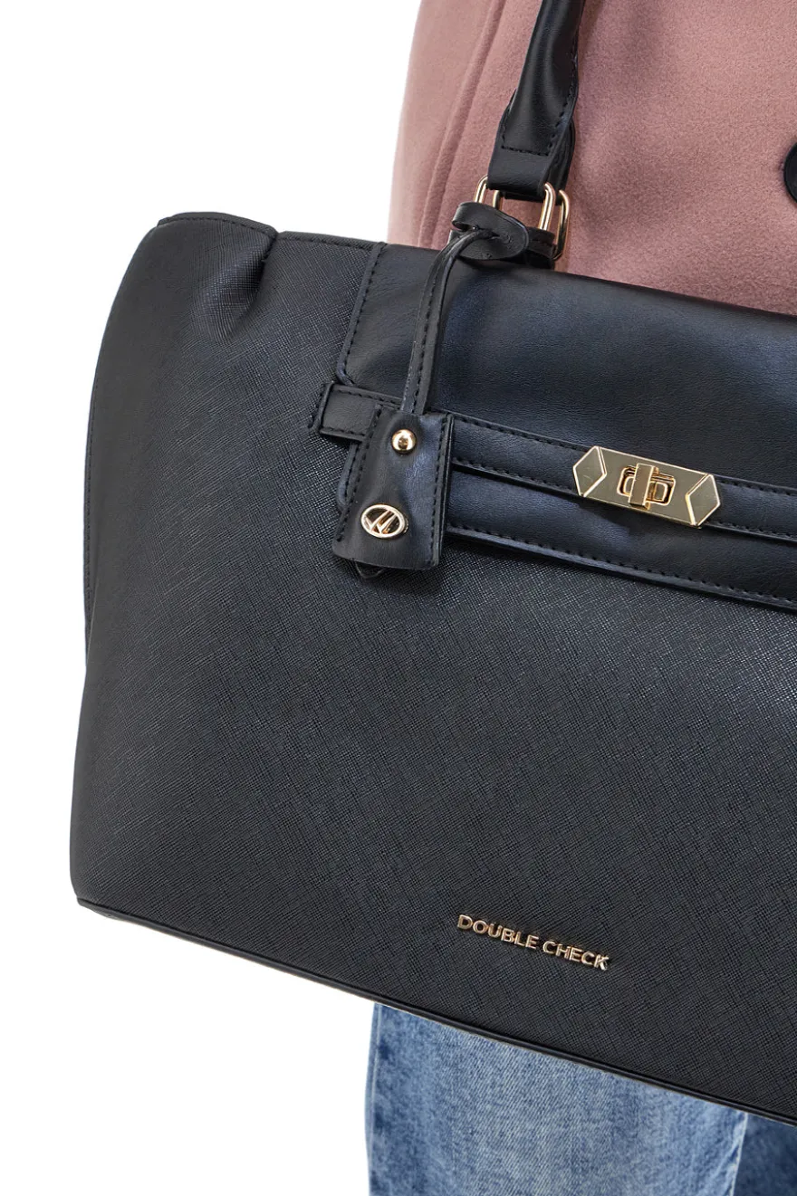 Borsa a Spalla Nera con dettagli Dorati e Manico Double Check 18248-2