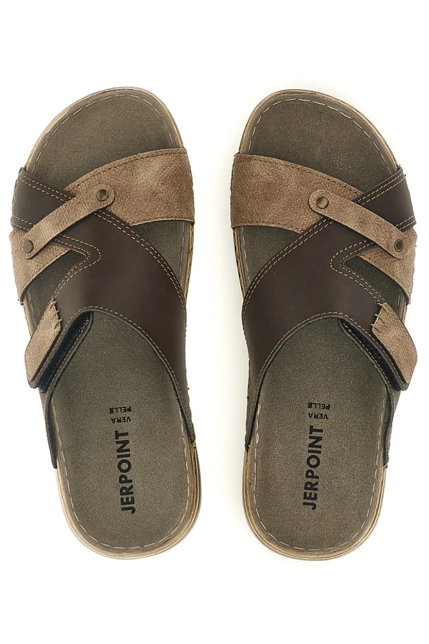 Ciabatte marroni con velcro e sottopiede in vera pelle Jerpoint 8013PSSK
