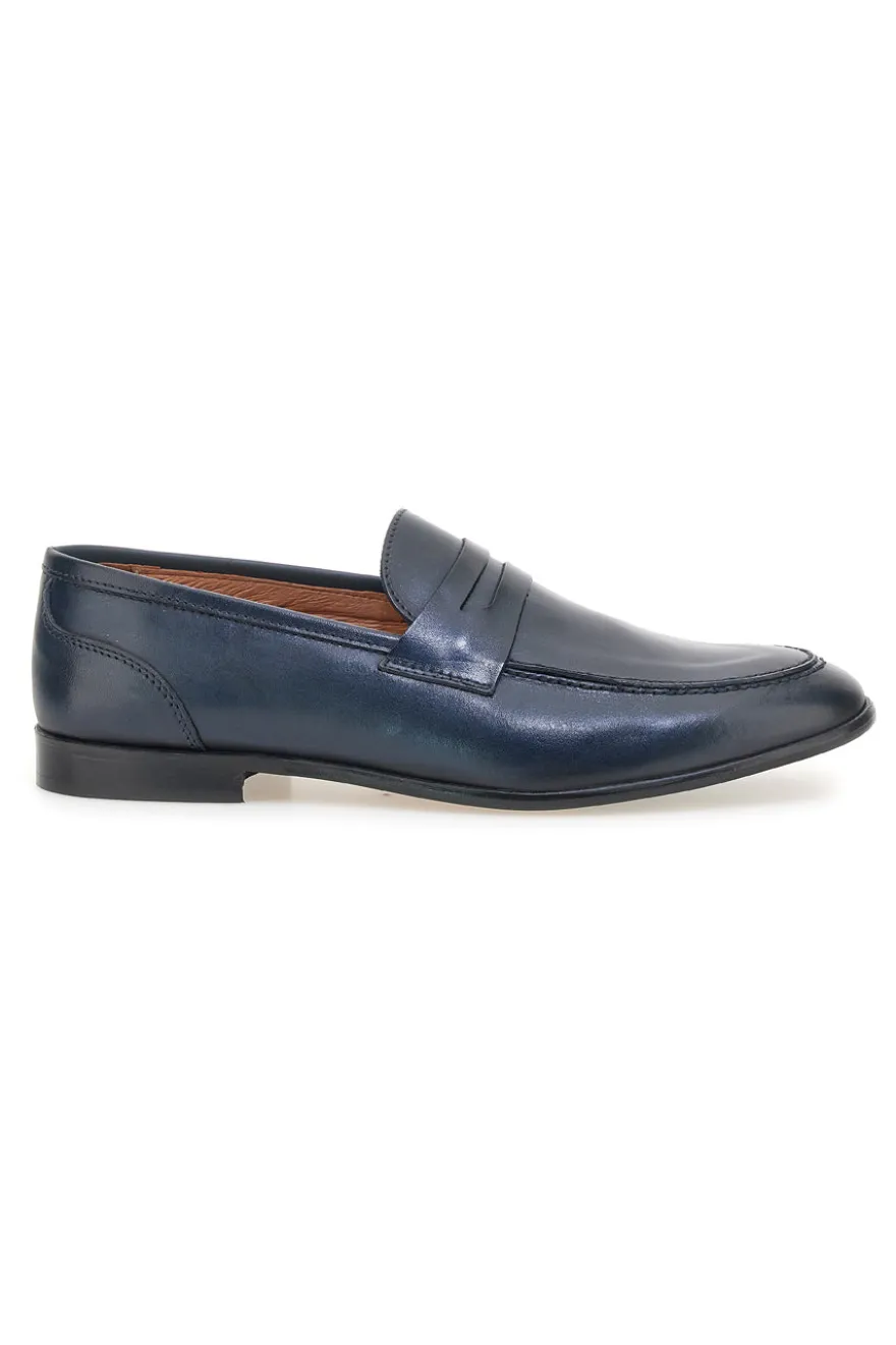 Mocassini blu in vera pelle con suola in cuoio made in Italy Pittarello 2374