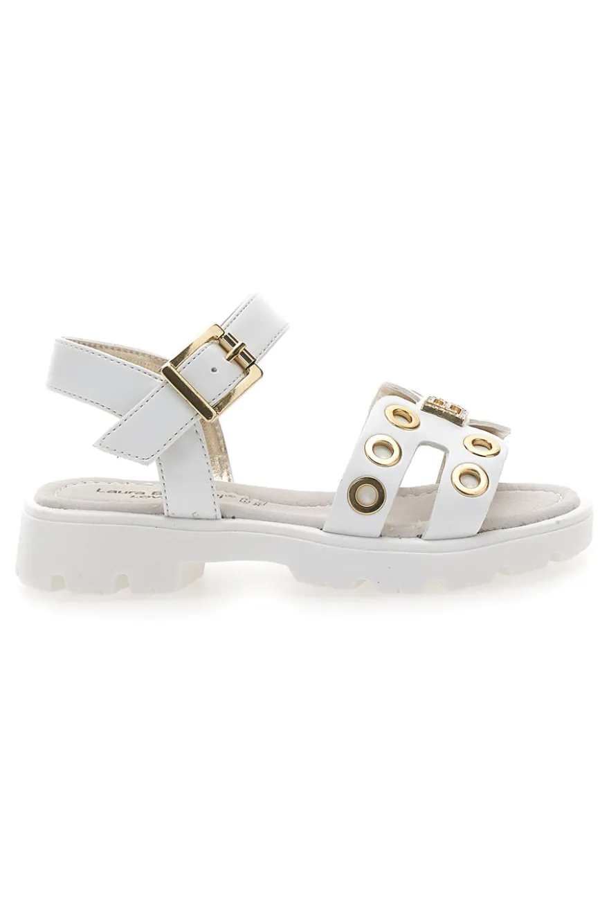 Sandali bianchi con borchie oro e logo gioiello Laura Biagiotti G1728316313
