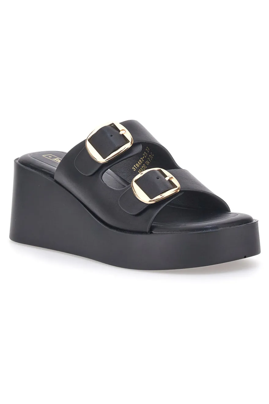 Sandali con zeppa neri con doppia fibbia oro Rock'n Doll 3T848223
