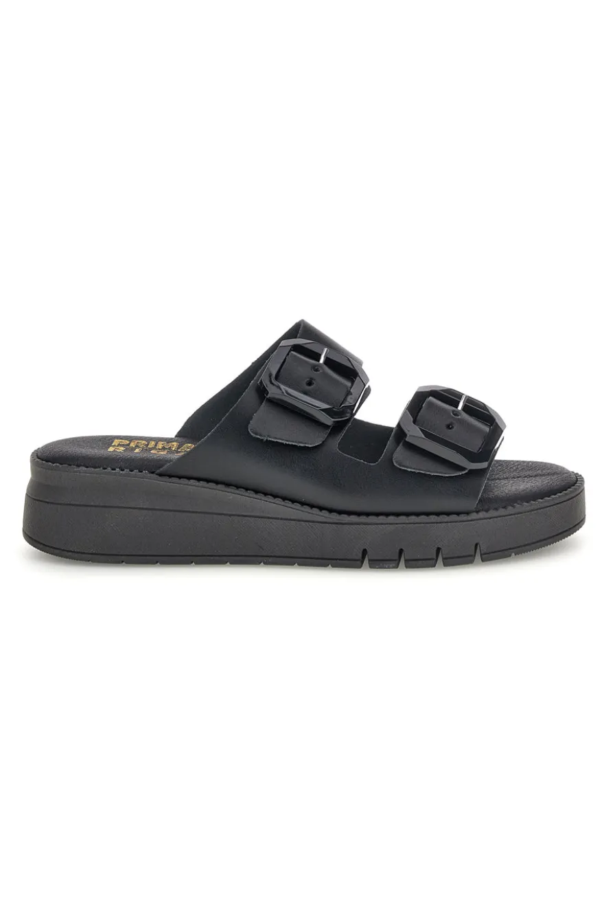 Schwarzer Slipper mit doppeltem Riemen und Schnallen Prima riga V113